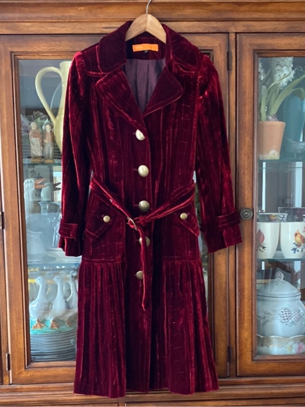 Cynthia Steffe Deep Red Velvet Trench Coat with Gold Buttons